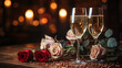 Celebratory table decor with champagne glasses, red and blush roses, and scattered beads, illuminated by candlelight. Valentine's day concept. AI Generative