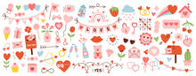Cute Happy Valentines Day Set. Cartoon Love Romantic Stickers Elements With Hearts. Hand Drawn Vector Illustration