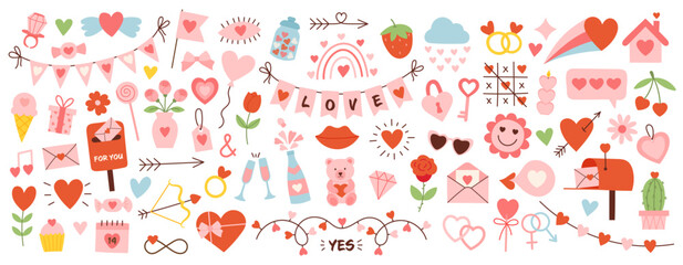 cute happy valentines day set. cartoon love romantic stickers elements with hearts. hand drawn vecto