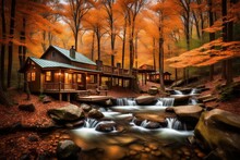 Autumn In The City ,  Concealed Along The Banks Of A Babbling Brook, Brookside Retreat Offers A Peaceful Escape With Its Flowing Waters, Hidden Bridges, And Creekside Cabins..