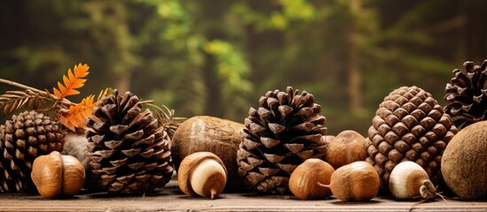 Sticker - Gathering outdoor materials for crafts: big acorns and pine cones.