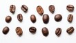  a bunch of coffee beans laid out in a row on a white surface with a yellow line in the middle.