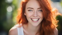  A Close Up Of A Woman With Red Hair And Green Eyes Smiling At The Camera With A Smile On Her Face.