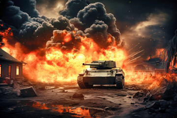 Wall Mural - War Concept. Attack on a peaceful city or village. Hostilities. Tank against the background of fire, smoke and explosions. Fire in a destroyed house. Battle in ruined city.