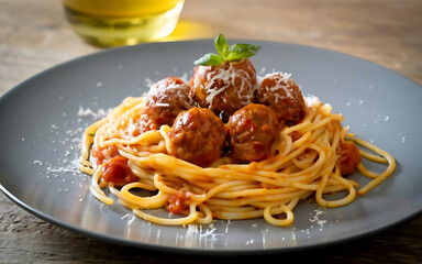 Wall Mural - Capture the essence of Spaghetti and Meatballs in a mouthwatering food photography shot Generative AI