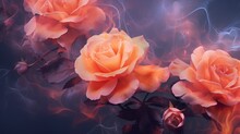  A Close Up Of Three Orange Roses On A Black Background With Smoke Coming Out Of The Top Of The Flowers.