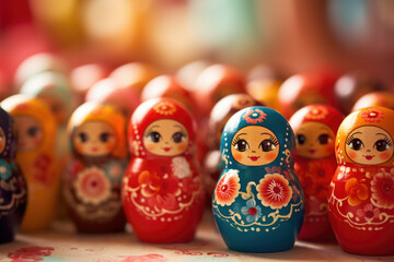 Wall Mural - Brightly painted population of wooden Matryoshka or Babuska stacking dolls. Varying sizes. Females faces with red lipstick and rosy cheeks. Girls in traditional floral dresses and scarfs?