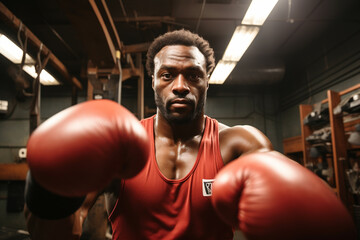 Wall Mural - Portrait of African American man male boxer or kickboxer in sportswear doing training workout competition, he wears boxing gloves, look serious and aggressive. Active life, boxing, sport concept.