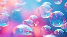  A Bunch Of Soap Bubbles Floating On A Blue, Pink, And Pink Background With Bubbles Floating In The Air.