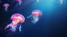  A Group Of Jellyfish Floating In A Blue Water Filled With Lots Of Pink And Purple Jellyfish Floating In The Air.