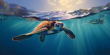 Sea Turtle Or Marine Turtle Swimming In Ocean. Generative AI 