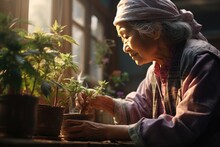 Beautiful Grey-haired Elderly Woman 60-70 Years Old Working On Seedlings