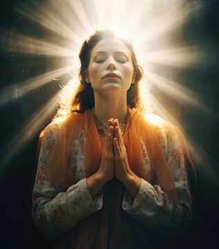 A woman praying in front of a sunburst. Generative AI.