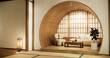 Wooden Arm chair and partition japanese on room tropical interior.3d rendering