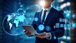 © meta - Businessman using tablet with global network hologram. 3D rendering