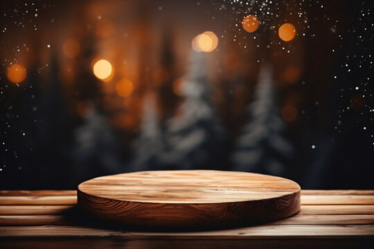 Empty wooden table in front of christmas background. Product display mockup
