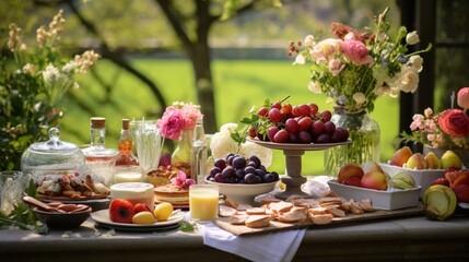 Wall Mural - An outdoor Easter brunch setting with a spread of deviled eggs, honey-glazed ham, and a basket of hot cross buns