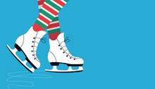 Elegant Lady Legs In Ice Skating Shoes And Stripped Tights. Horizontal Composition Winter Activities Banner. Seasonal Sport Hobby Poster. Winter Leisure. Vector.