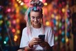 A white teenage hipster girl with pink braids is using a cellphone against a backdrop of a diverse street mural, embodying the Summer and Generation Z aesthetic, with a focus on social media.