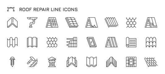 Roof repair icons. Roof building repair and renovation pictograms, house top cover and insulation, building exterior and interior elements. Vector set of house construction and renovation illustration