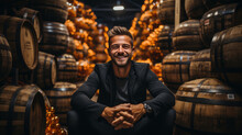 Man At Warehouse Of Beer Brown Wooden Wine Beer Barrel Stacked Background.Generative AI