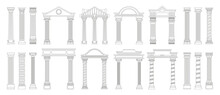 Ancient Line Columns. Antique Doodle Style Roman Architecture Pillars With Decorative Elements, Outline Greek Columns. Vector Collection. Creative Arch Design Isolated Set. Old Classical Objects