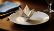 easy origami swan napkin on plate on laid table.Generative AI