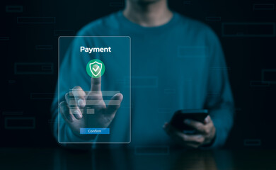 Online payment concept. Man using smart phone pay via mobile banking app for online payment. Digital bank, Internet technology for financial transaction, Online shopping, Money transfer,