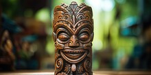 Cultural Wooden Tiki Mask On Blurred Background Close Up