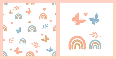 Canvas Print - Seamless pattern with orange gold rainbow, butterfly cartoons and hearts on white backgrounds vector illustration. Cute childish print.