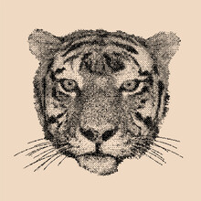 Tiger Head. Large Detailed Tiger Head. Versatile Enhance Digital Art, Web Graphics, Vintage-inspired Branding. Dithering Bitmap Shape. Striped Predator. Vector Illustration. Y2K