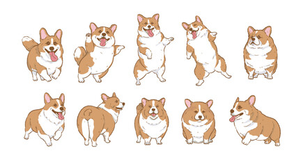  Cute Cartoon corgi dog set	 , Cartoon Dog Character Design with Flat Colors in Various Poses