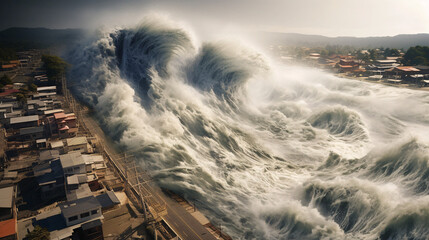 Poster - view of the tsunami crashing the beach