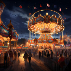 Poster - A lively carnival with bright lights and rides.