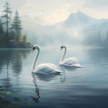 A Pair Of Swans Swimming In A Calm Lake.