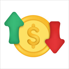 Poster - Dollar coin with arrow down and up. Coin of dollar with loss or growth. Increase and low of revenue