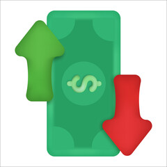 Poster - Dollar money with arrow down and up. Money of dollar with loss or growth. Increase and low of revenue