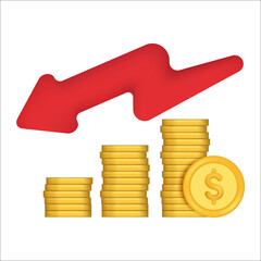 Poster - Gold coin with red arrows down. Red arrow graph go down over pile of gold coins. coin stack growing business isolate concept