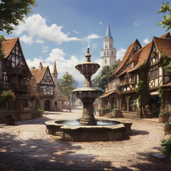 Poster - Peaceful village square with a charming fountain.