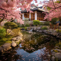 Wall Mural - A serene garden with cherry blossoms and a koi pond.