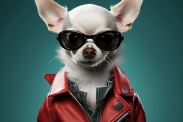 a white chihuahua wearing a leather jacket on an isolated background, Generative AI 