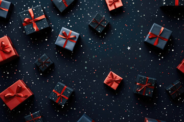 Wall Mural - elegant festive gifts in red and black with shimmering stars and dots on a dark backdrop.