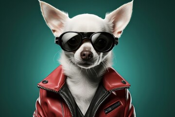 Wall Mural - a white chihuahua wearing a leather jacket on an isolated background, Generative AI 