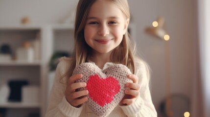 Canvas Print - A joyous child wearing a cozy knitted ensemble embraces her beloved heart-shaped toy, perfect for various design applications.