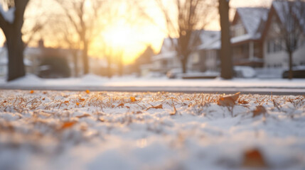 Canvas Print - Snowy city street at sunset in winter season. Blurred background.