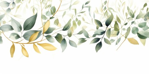 Wall Mural - Watercolor seamless border. illustration with green gold leaves and branches for wedding stationary, greetings, wallpapers, fashion, backgrounds, textures, DIY, wrappers, Generative AI 
