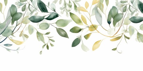 Wall Mural - Watercolor seamless border. illustration with green gold leaves and branches for wedding stationary, greetings, wallpapers, fashion, backgrounds, textures, DIY, wrappers, Generative AI 