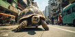 Amid the rush of a busy street, a tortoise moves slowly against a backdrop of deep city blue