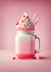 Wall Mural - Pink white chocolate milkshake with whipped cream and candy hearts decoration.Trendy freak or crazy cocktail for Valentine's day