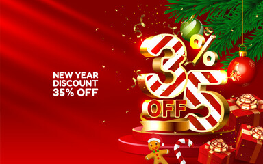 Wall Mural - New year discount merry Christmas sale 35 off golden numbers, with gifts and Christmas decorations on the red background. Vector illustration